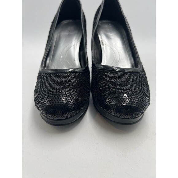 Tahari Black Sequin Round Toe Leather Pumps Heel Formal Black Tie Party Sz 8.5 M - Picture 5 of 11